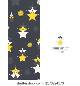 Vector grey yellow abstract stars with balls vertical stripe seamless border pattern background with hand drawn elements