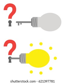 Vector grey and yellow light bulb keys with red questions marks with keyholes. 