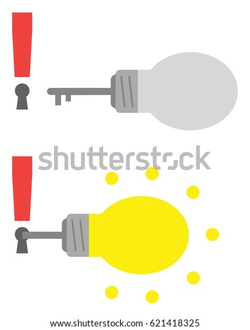 Vector grey and yellow light bulb keys with red exclamation marks with keyholes. 