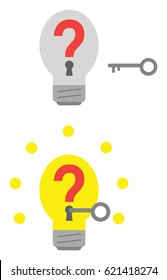 Vector grey and yellow light bulbs with red question marks and keyholes and key unlocking.