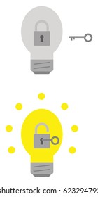 Vector grey and yellow light bulbs with padlocks and key unlocking.