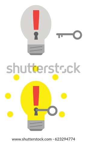 Vector grey and yellow light bulbs with red exclamation marks and keyholes and key unlocking.