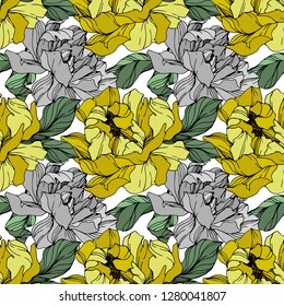 Vector Grey and yellow peony flower. Engraved ink art. Seamless background pattern. Fabric wallpaper print texture.