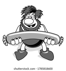 Vector greyscale image of a joyful ancient man with a big sausage
