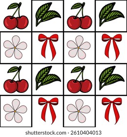 A vector grid of decorative elements featuring cherries, leaves, flowers, and bows. The design is colorful and playful, suitable for various creative projects.