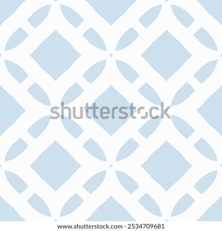 Vector grid ornament. Abstract light blue and white geometric seamless pattern with lattice, big diamond shapes, flower silhouettes. Simple minimal background texture. Elegant repeating geo design