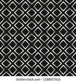 Vector grid seamless pattern. Abstract geometric monochrome texture with diagonal cross lines, net, lattice, grill, rhombuses. Simple black and white graphic background. Stylish dark repeating design