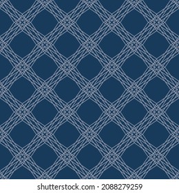 Vector grid seamless pattern. Abstract blue geometric texture with thin diagonal cross lines, rhombuses, mesh, lattice, grill, diamond shapes. Simple thin line background. Repeat decorative geo design