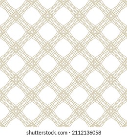 Vector grid seamless pattern. Abstract golden geometric texture with thin diagonal cross lines, rhombuses, mesh, lattice, grill, diamond shapes. Simple gold line background. Repeat luxury geo design