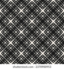 Vector grid seamless pattern. Simple black and white geometric texture with diagonal crossing lines, square lattice, net, mesh, grill. Modern abstract minimal background. Repeat decorative geo design