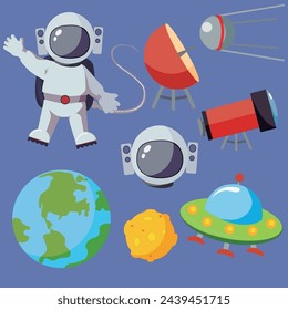 Vektorgitter sind kosmisch. Ein Astronaut, ein Teleskop, ein Planet, eine fliegende Untertasse und ein Meteoritensatz.