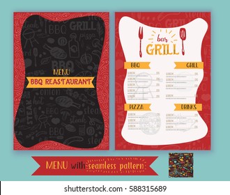 Vector Grill barbeque restaurant flyer, menu design. Vector template with hand-drawn graphic and seamless bbq pattern