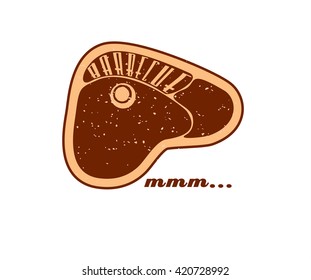 Vector. Grill meat: Barbecue - mmm...Summer BBQ. BBQ season. BBQ poster. Summer Picnic outdoor. Family BBQ day. BBQ related goods adv. Grilled steak logo. Isolated illustration cookout. Barbecue retro