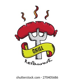 Vector : Grill Restaurant badge logo on white background,Barbecue food