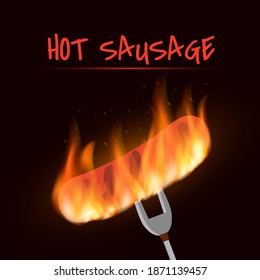 Vector grill sausage roasted on a fork, coals and fire on the dark background