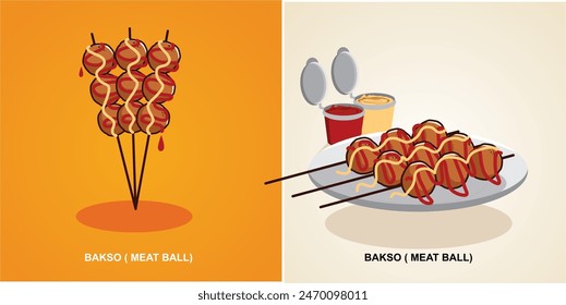 vector grilled meatball satay on three sticks with sweet and sour sauce and mayonnaise and also served on a plate complete with sauce container and white plate
