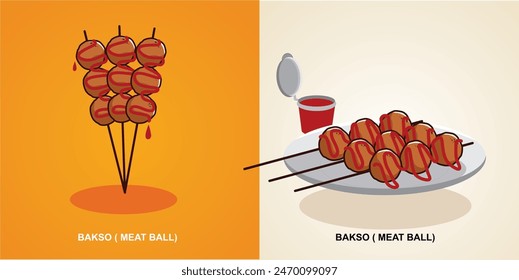 vector grilled meatballs on three sticks with sweet sauce and also served on a white plate complete with sauce container, it looks very delicious