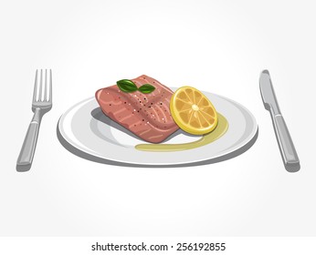 Vector Grilled Salmon Fillet with Lemon and Basil on plate