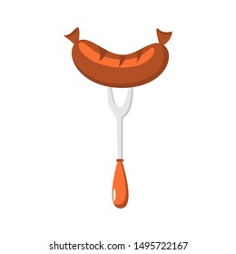 Vector grilled sausage on fork icon for BBQ poster, barbecue party banner, logo, icon, summer print, Oktoberfest promo. Isolated on white. Flat style illustration for gastronomy concept