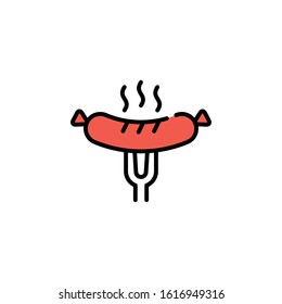 Vector grilled sausage on fork icon template. Line street fast food symbol illustration. Barbecue party logo background. Simple concept for picnic, bbq, cafe, stall, delivery