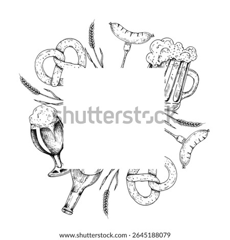 Vector grilled sausage on fork frame, logo, menu, template. Bavarian pretzel, ear of wheat, Brezel with salt. Graphic German bottle of beer, bratwurst illustration isolated on background. Hand drawn