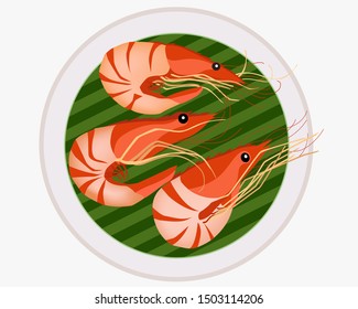 vector of Grilled Shrimp is on dish decorate with banana leaf