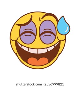 Vector Grinning Face Sweat Emoji Cartoon Groovy Illustration Isolated