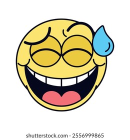 Vector Grinning Face Sweat Emoji Cartoon Groovy Illustration Isolated