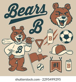 vector of Grizzly Bear Vintage Old School Mascot Set