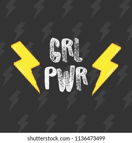 Vector GRL PWR lettering with pixel art 8bit lightning signs at sides. Black background with trendy geometric pattern. Feminist slogan, phrase or quote.