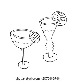 Vector groceries and champagne. Shot glasses and vodka. Wine and groceries. In honor of the holiday. Isolated. Drawn by hand. Coloring pages for children and adults. Cartoon