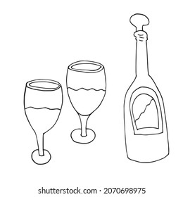 Vector groceries and champagne. Shot glasses and vodka. Wine and groceries. In honor of the holiday. Isolated. Drawn by hand. Coloring pages for children and adults. Cartoon