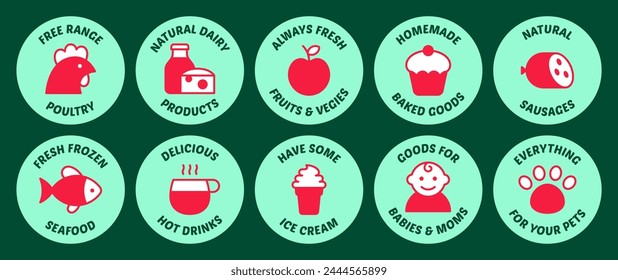 Vector grocery icon set. Modern supermarket food illustration stickers. Retail store product badges. Shop department signs such as fruit, dairy, fish, chicken, coffee, ice cream, bakery, pet, baby