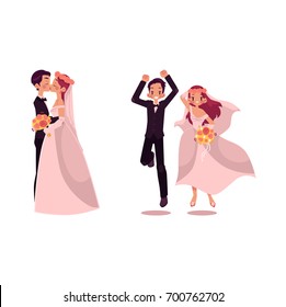 vector groom and bride newlywed character set isolated illustration on a white background flat cartoon. Newlywed couple kissing, groom and bride dancing