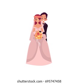 vector groom and bride newlywed couple holding and hugging each other flat cartoon illustration isolated on a white background. Wedding concept character design