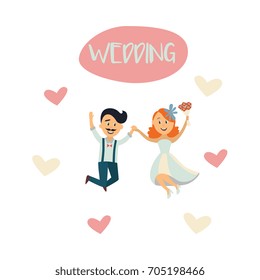 vector groom and bride newlywed couple dancing happily jumping holding each other's hands at background of hearts. cartoon illustration isolated on a white background. Wedding concept character design