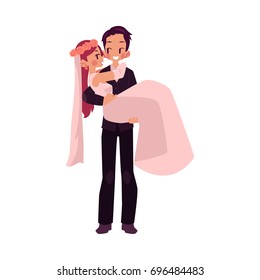 vector groom carrying bride holding her in his arms flat cartoon illustration isolated on a white background. Wedding concept character design