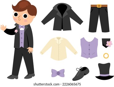 Vector groom clothes set. Cute just married boy with suit, accessory. Wedding ceremony icon. Cartoon marriage newly married man, bow tie, vest, buttonhole, flower. Cute gentleman collection
