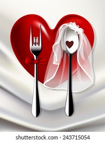 Vector of groom fork and bride spoon on red Heart Dinner Plate 