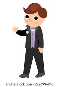 Vector groom illustration. Cute just married boy. Wedding ceremony icon. Cartoon marriage scene with newly married man. Cute gentleman in black suit with bow tie, vest, buttonhole with flower
