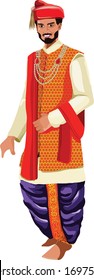 a vector of groom from Maharashtra with red - purple Sherwani & red dupatta in Marathi wedding with pearl jewelery and puneri pagdi