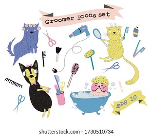 Vector groomer icons  set with  the cute dogs and  cat 