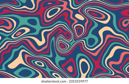 Vector groovy background in 70s retro style. Trendy abstract hippie pattern with psychedelic waves in blue tones	