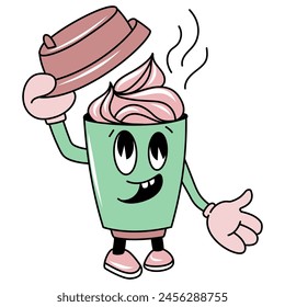 Vector groovy Cartoon coffee cup character winking and lifting its lid, revealing swirl of cream