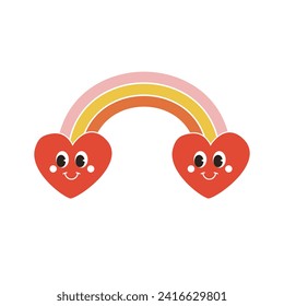 Vector groovy cartoon retro colored rainbow with hearts isolated on white background