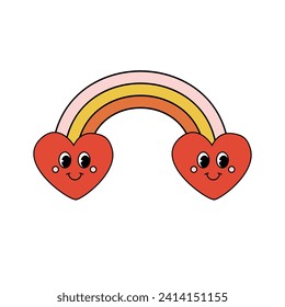 Vector groovy cartoon retro rainbow with hearts isolated on white background