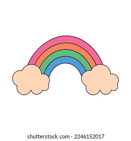 Vector Groovy Cartoon Vintage Colorful Rainbow with Clouds on White Background. Hippie Trendy Aesthetic Design, Geometric. Retro Style 70s, 80s.