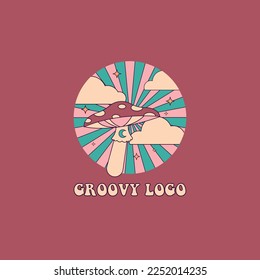 Vector Groovy Cartoon Vintage Colorful Logo with Fly Agaric, Clouds and stars. Hippie Trendy Aesthetic Design, Geometric. Retro Style 70s, 80s.
