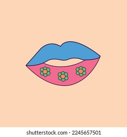 Vektor Groovy Cartoon Vintage Lippen mit Blumen auf beigem Hintergrund. Hippie Trendy ästhetisches Design, Geometrisch. Retro Style 70s, 80s.