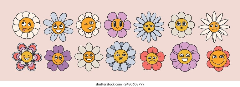 Vector groovy daisy flower face set. Funky flowers characters in different emotions. Cute colorful bloom chamomile in trendy retro style. Hippie floral sticker pack, trippy plants with eyes and petals